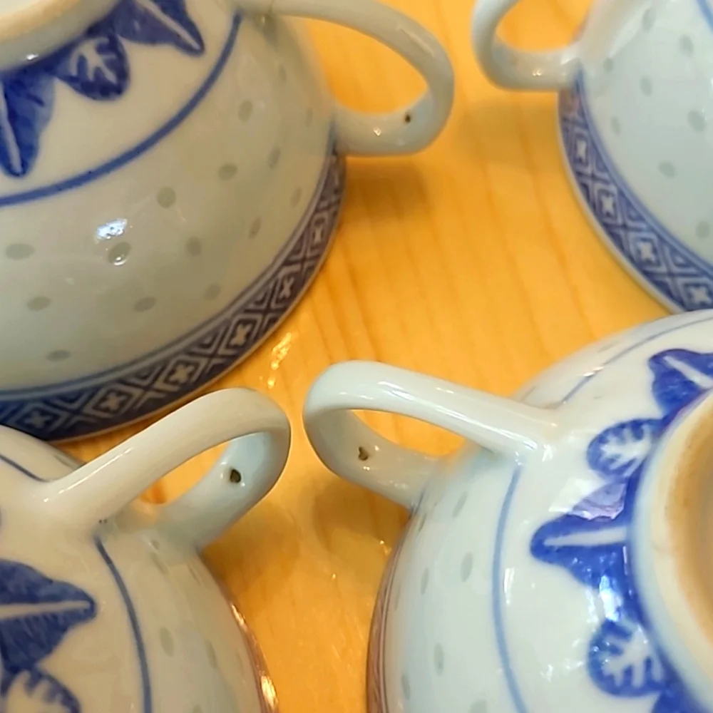 Chinese Rice Grain Eyes Pattern White Flower Cups Set of 4 with Creamer Vintage